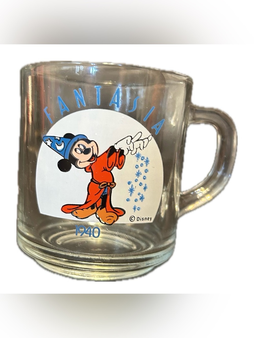 VTG Disney Fantasia 1940 Glass Mug. Mickey Mouse as Sorcerer 1970s-80s.